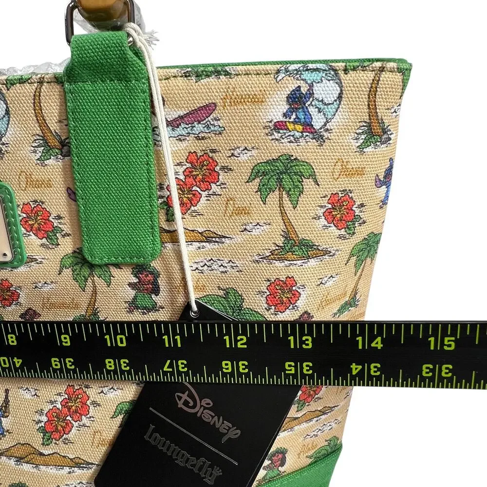 LOUNGEFLY Disney Lilo Stitch Canvas Tote Bag Aloha Map Bamboo Handle Green NWT